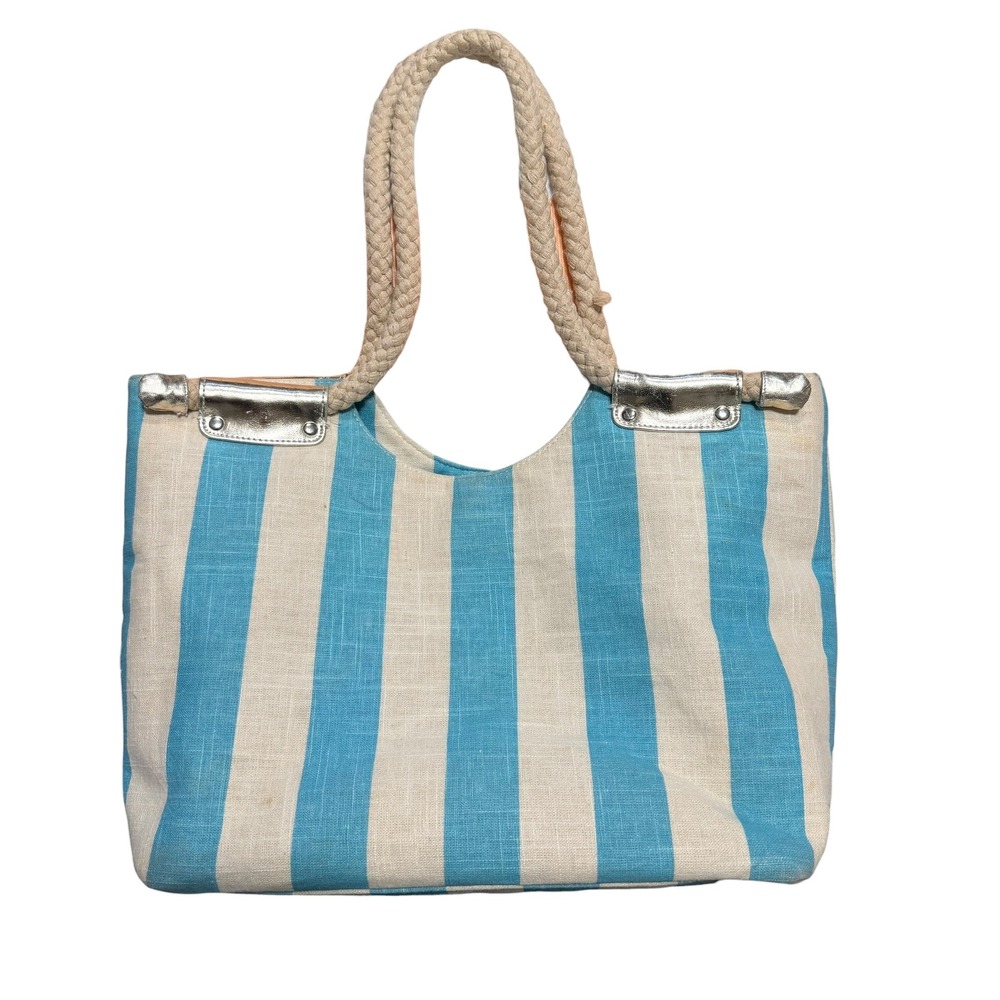 Mud Pie Bag Lady Blue White Striped Rope Handle Beach Tote Bag Metallic Accents